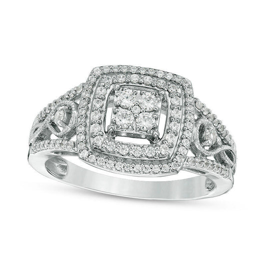 0.50 CT. T.W. Natural Diamond Double Cushion Frame Twist Antique Vintage-Style Engagement Ring in Solid 10K White Gold