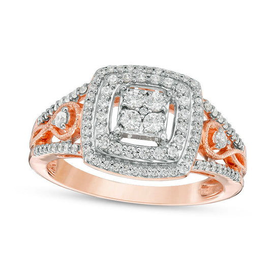 0.50 CT. T.W. Natural Diamond Double Cushion Frame Twist Antique Vintage-Style Engagement Ring in Solid 10K Rose Gold