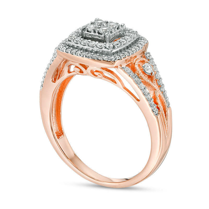 0.50 CT. T.W. Natural Diamond Double Cushion Frame Twist Antique Vintage-Style Engagement Ring in Solid 10K Rose Gold