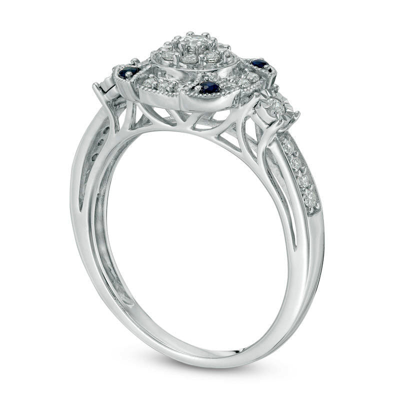 0.33 CT. T.W. Natural Diamond and Blue Sapphire Double Frame Antique Vintage-Style Engagement Ring in Solid 10K White Gold