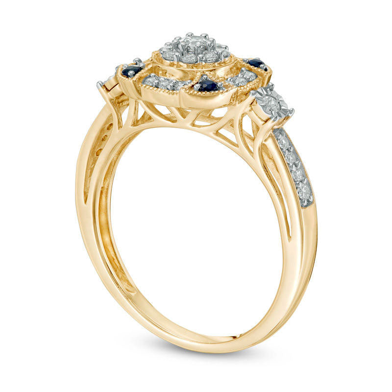 0.33 CT. T.W. Natural Diamond and Blue Sapphire Double Frame Antique Vintage-Style Engagement Ring in Solid 10K Yellow Gold