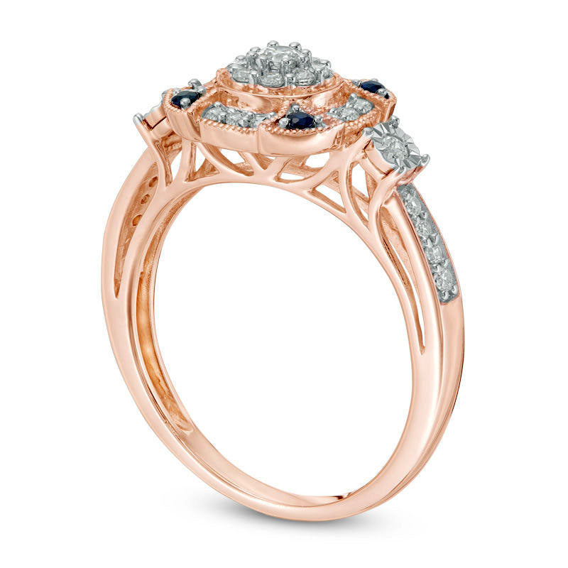0.33 CT. T.W. Natural Diamond and Blue Sapphire Double Frame Antique Vintage-Style Engagement Ring in Solid 10K Rose Gold