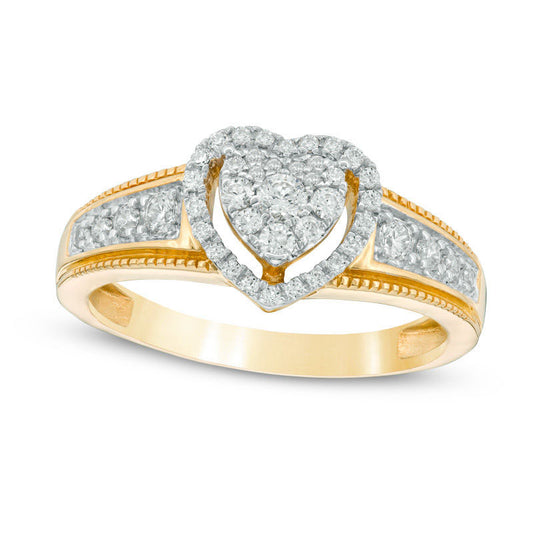 0.33 CT. T.W. Natural Diamond Double Heart Frame Antique Vintage-Style Engagement Ring in Solid 10K Yellow Gold