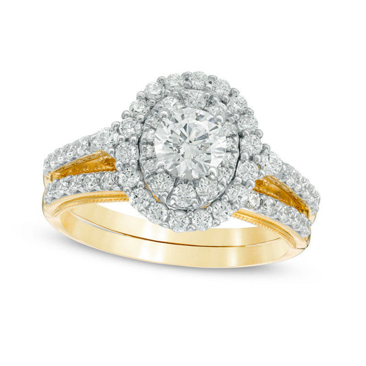 1.25 CT. T.W. Natural Diamond Double Oval Frame Antique Vintage-Style Bridal Engagement Ring Set in Solid 14K Gold
