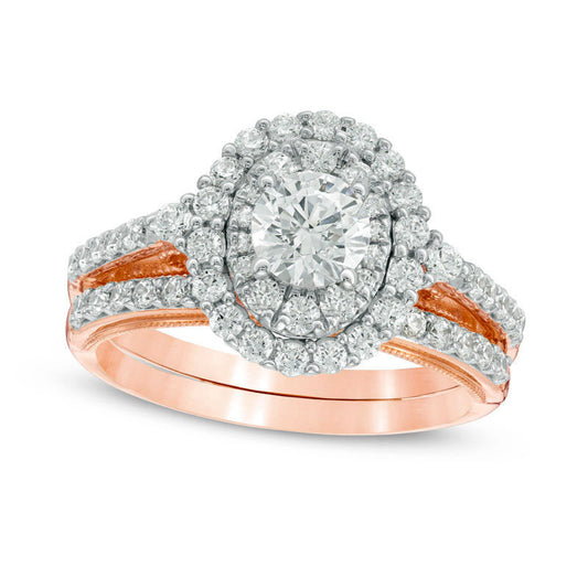 1.25 CT. T.W. Natural Diamond Double Oval Frame Antique Vintage-Style Bridal Engagement Ring Set in Solid 14K Rose Gold