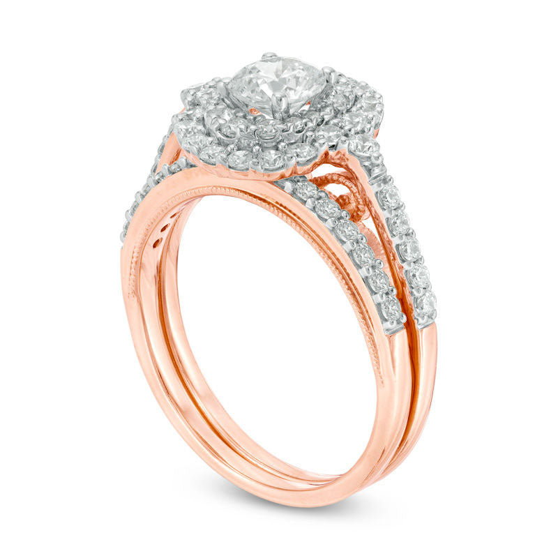 1.25 CT. T.W. Natural Diamond Double Oval Frame Antique Vintage-Style Bridal Engagement Ring Set in Solid 14K Rose Gold