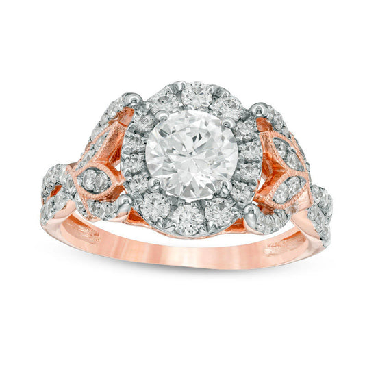 1.75 CT. T.W. Natural Diamond Oval Frame Leaf-Sides Antique Vintage-Style Engagement Ring in Solid 14K Rose Gold