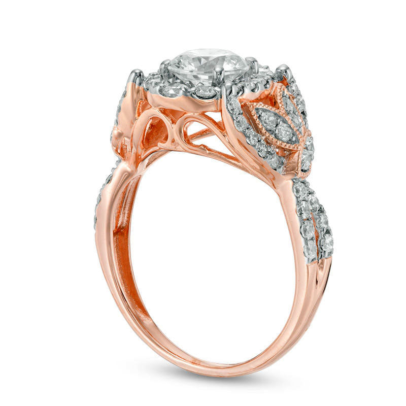 1.75 CT. T.W. Natural Diamond Oval Frame Leaf-Sides Antique Vintage-Style Engagement Ring in Solid 14K Rose Gold