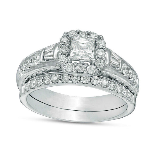 1.0 CT. T.W. Certified Princess-Cut Natural Diamond Frame Antique Vintage-Style Bridal Engagement Ring Set in Solid 14K White Gold (I/I1)