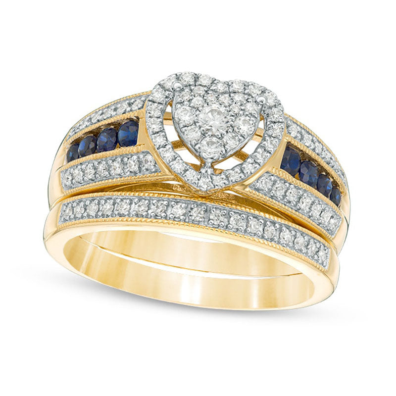 0.38 CT. T.W. Composite Natural Diamond and Blue Sapphire Heart Frame Multi-Row Antique Vintage-Style Bridal Engagement Ring Set in Solid 10K Yellow Gold