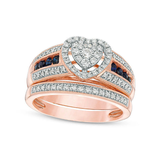 0.38 CT. T.W. Composite Natural Diamond and Blue Sapphire Heart Frame Multi-Row Antique Vintage-Style Bridal Engagement Ring Set in Solid 10K Rose Gold