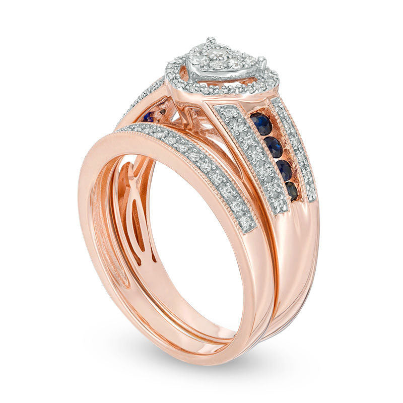 0.38 CT. T.W. Composite Natural Diamond and Blue Sapphire Heart Frame Multi-Row Antique Vintage-Style Bridal Engagement Ring Set in Solid 10K Rose Gold