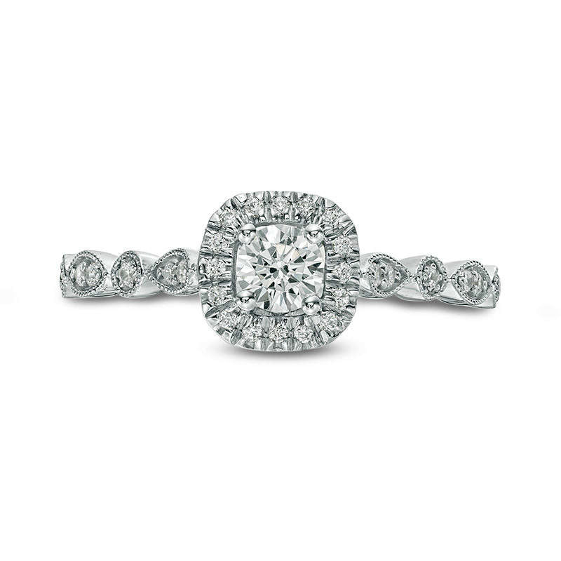0.38 CT. T.W. Natural Diamond Cushion Frame Alternating Shaped Shank Antique Vintage-Style Engagement Ring in Solid 14K White Gold