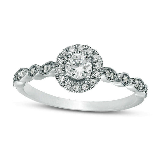 0.38 CT. T.W. Natural Diamond Frame Alternating Shaped Shank Antique Vintage-Style Engagement Ring in Solid 14K White Gold