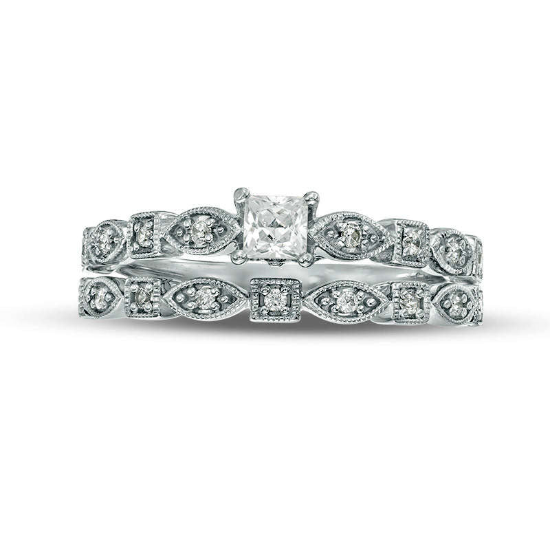 0.38 CT. T.W. Princess-Cut Natural Diamond Alternating Shaped Shank Antique Vintage-Style Bridal Engagement Ring Set in Solid 14K White Gold