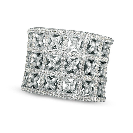 1.5 CT. T.W. Natural Diamond Geometric Flower Lattice Ring in Solid 14K White Gold