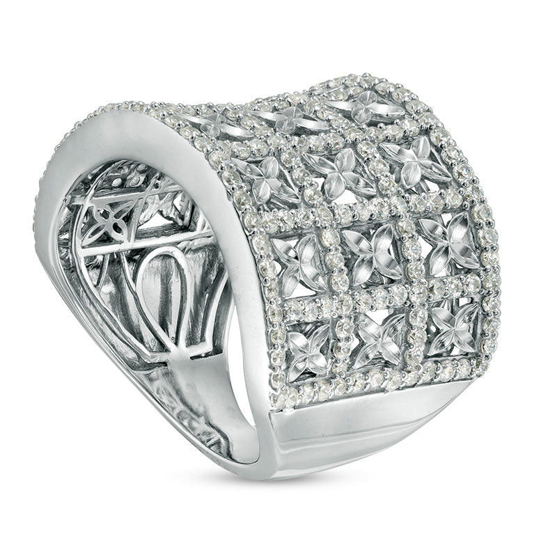 1.5 CT. T.W. Natural Diamond Geometric Flower Lattice Ring in Solid 14K White Gold