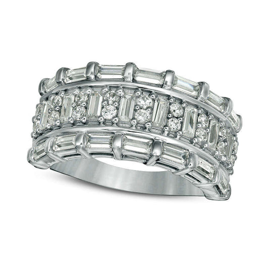 1.0 CT. T.W. Baguette and Round Natural Diamond Multi-Row Ring in Solid 10K White Gold
