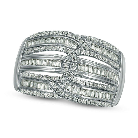 0.63 CT. T.W. Baguette and Round Natural Diamond Multi-Row Interlocking Loops Ring in Solid 10K White Gold