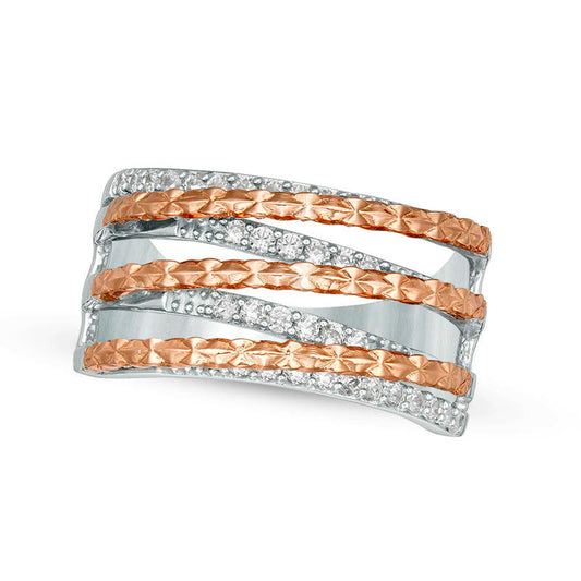 0.33 CT. T.W. Natural Diamond Crossover Textured Split Ring in Solid 10K Two-Tone Gold