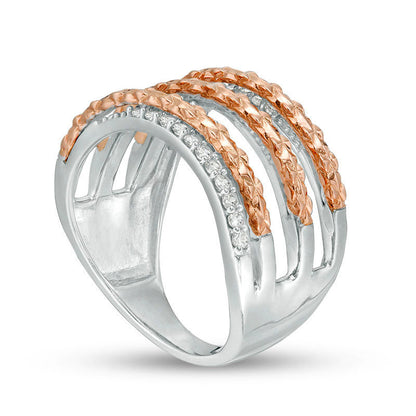 0.33 CT. T.W. Natural Diamond Crossover Textured Split Ring in Solid 10K Two-Tone Gold