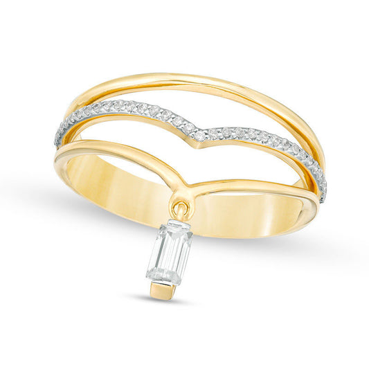 0.33 CT. T.W. Baguette and Round Natural Diamond Chevron with Dangle Ring in Solid 10K Yellow Gold