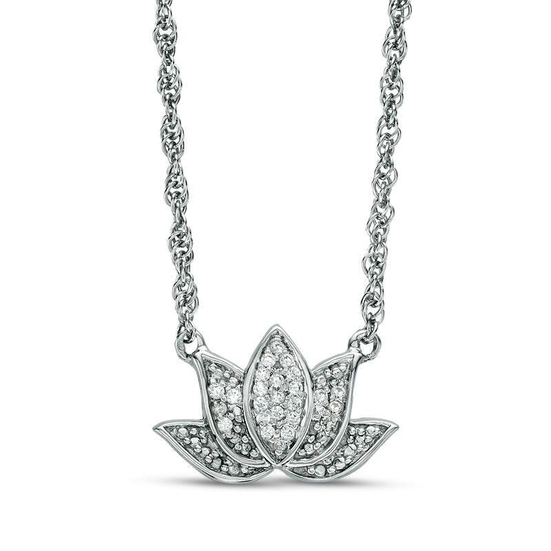 0.07 CT. T.W. Natural Diamond Lotus Flower with "good karma" Message Necklace in Sterling Silver - 17.5"
