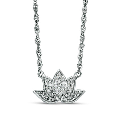 0.07 CT. T.W. Natural Diamond Lotus Flower with "good karma" Message Necklace in Sterling Silver - 17.5"