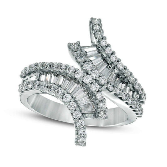 1.33 CT. T.W. Baguette and Round Natural Diamond Bypass Ring in Solid 14K White Gold