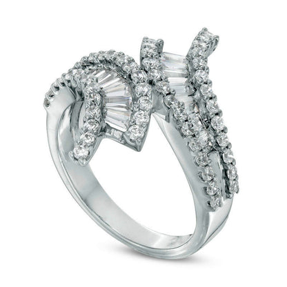 1.33 CT. T.W. Baguette and Round Natural Diamond Bypass Ring in Solid 14K White Gold