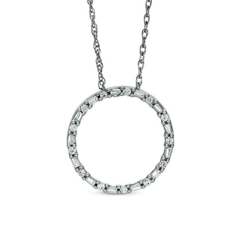 0.25 CT. T.W. Baguette and Round Natural Diamond Alternating Open Circle Pendant in 10K White Gold