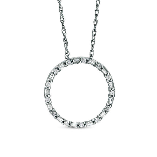 0.25 CT. T.W. Baguette and Round Natural Diamond Alternating Open Circle Pendant in 10K White Gold