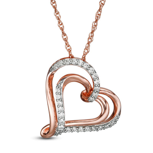 0.25 CT. T.W. Natural Diamond Double Tilted Heart Pendant in 10K Rose Gold
