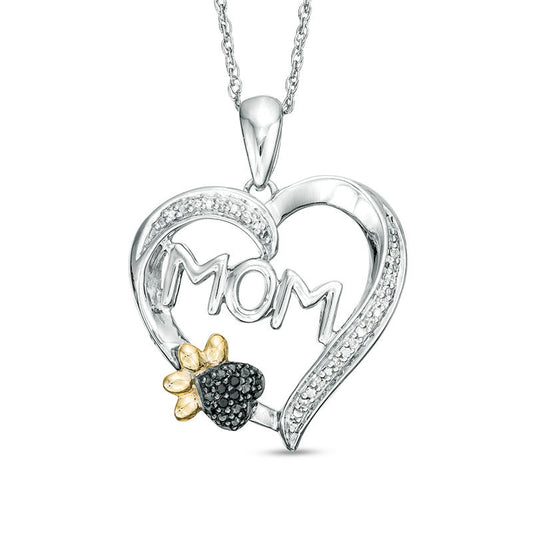 0.05 CT. T.W. Enhanced Black and White Natural Diamond "MOM" with Paw Print Heart Pendant in Sterling Silver and 10K Yellow Gold