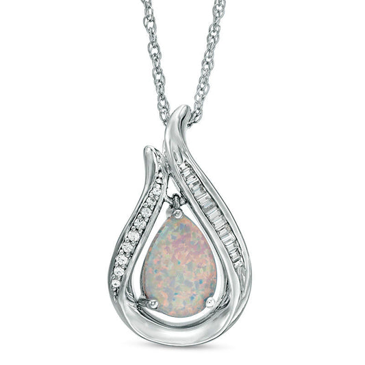 Pear-Shaped Lab-Created Opal and White Sapphire Teardrop Frame Pendant in Sterling Silver