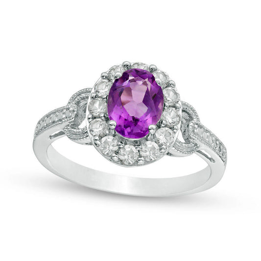 Oval Amethyst and Lab-Created White Sapphire Frame Antique Vintage-Style Buckle Ring in Sterling Silver