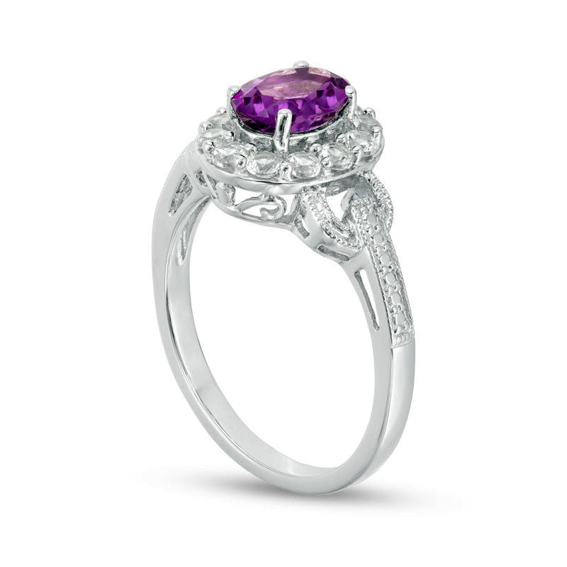 Oval Amethyst and Lab-Created White Sapphire Frame Antique Vintage-Style Buckle Ring in Sterling Silver