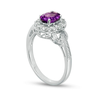 Oval Amethyst and Lab-Created White Sapphire Frame Antique Vintage-Style Buckle Ring in Sterling Silver