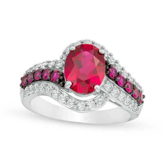 Oval Lab-Created Ruby and White Sapphire Triple Row Bypass Ring in Sterling Silver