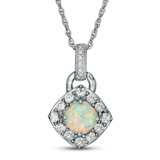 6.0mm Cushion-Cut Lab-Created Opal and White Sapphire Frame Antique Vintage-Style Doorknocker Pendant in Sterling Silver