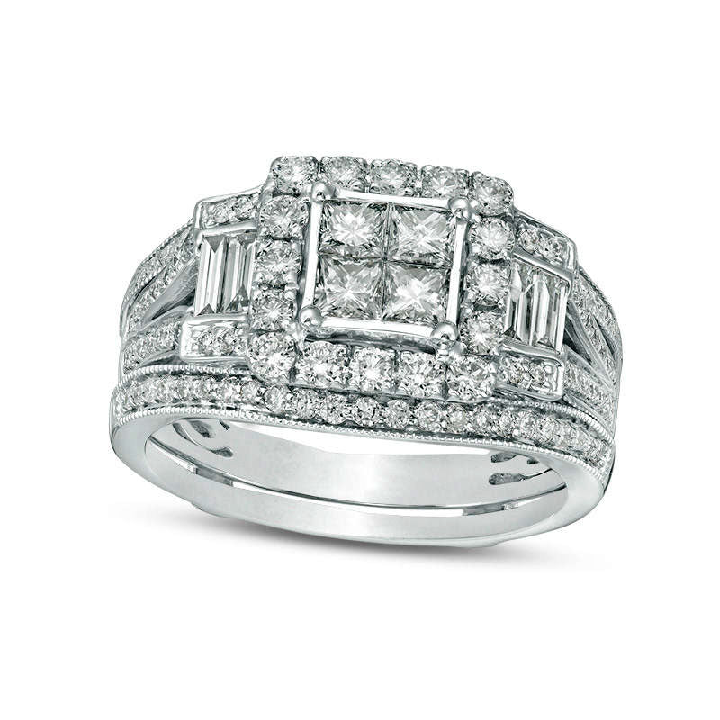 1.5 CT. T.W. Quad Princess-Cut Natural Diamond Frame Antique Vintage-Style Collar Bridal Engagement Ring Set in Solid 10K White Gold