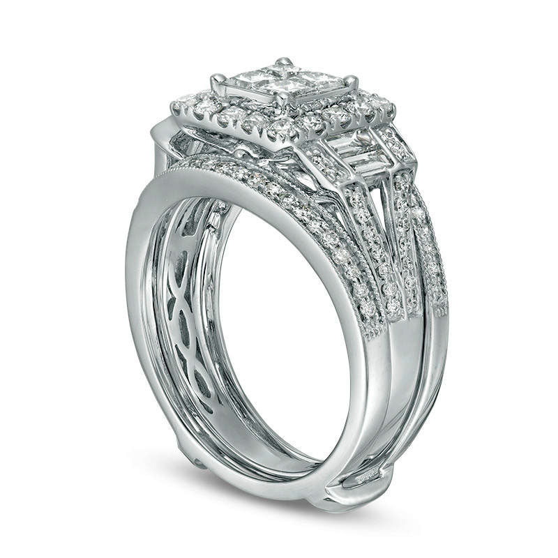 1.5 CT. T.W. Quad Princess-Cut Natural Diamond Frame Antique Vintage-Style Collar Bridal Engagement Ring Set in Solid 10K White Gold