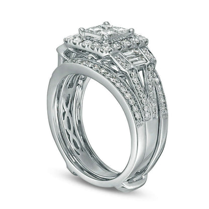 1.5 CT. T.W. Quad Princess-Cut Natural Diamond Frame Antique Vintage-Style Collar Bridal Engagement Ring Set in Solid 10K White Gold
