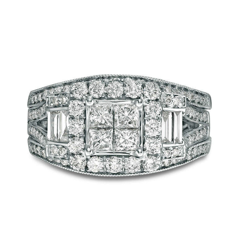 1.5 CT. T.W. Quad Princess-Cut Natural Diamond Frame Antique Vintage-Style Collar Bridal Engagement Ring Set in Solid 10K White Gold