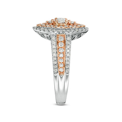1.0 CT. T.W. Natural Diamond Double Marquise Frame Multi-Row Engagement Ring in Solid 10K Two-Tone Gold