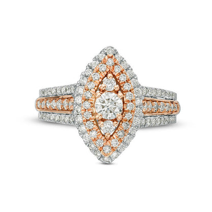 1.0 CT. T.W. Natural Diamond Double Marquise Frame Multi-Row Engagement Ring in Solid 10K Two-Tone Gold