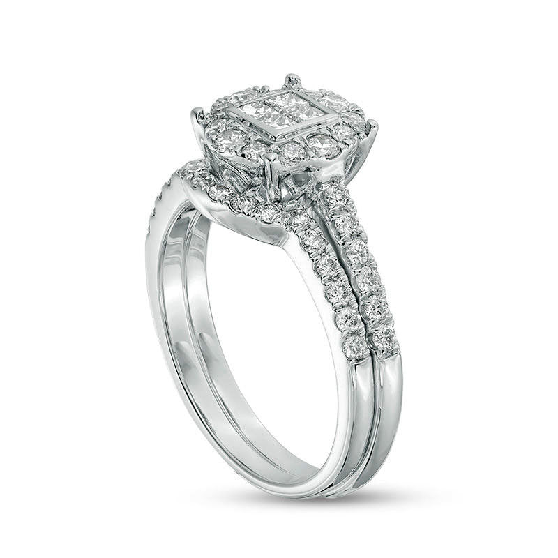 1.0 CT. T.W. Quad Princess-Cut Natural Diamond Frame Bridal Engagement Ring Set in Solid 10K White Gold