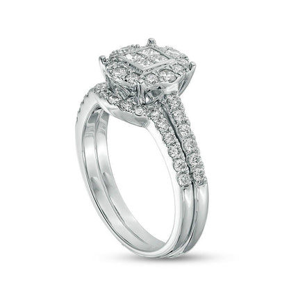 1.0 CT. T.W. Quad Princess-Cut Natural Diamond Frame Bridal Engagement Ring Set in Solid 10K White Gold