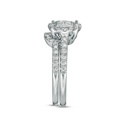 1.0 CT. T.W. Quad Princess-Cut Natural Diamond Frame Bridal Engagement Ring Set in Solid 10K White Gold