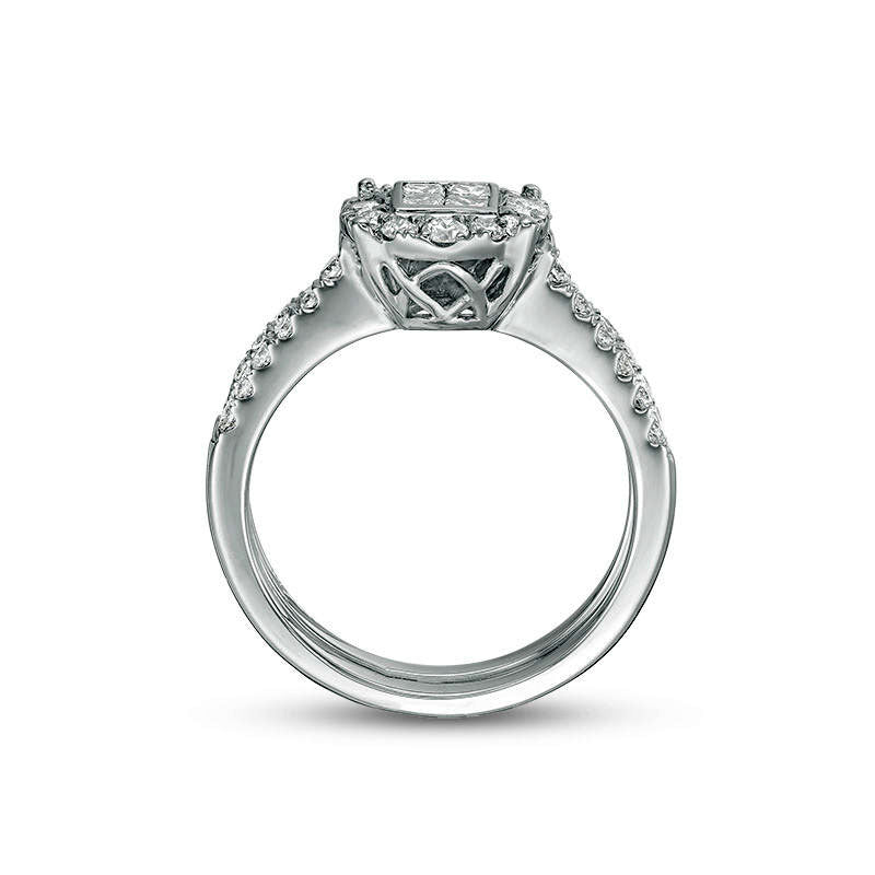 1.0 CT. T.W. Quad Princess-Cut Natural Diamond Frame Bridal Engagement Ring Set in Solid 10K White Gold